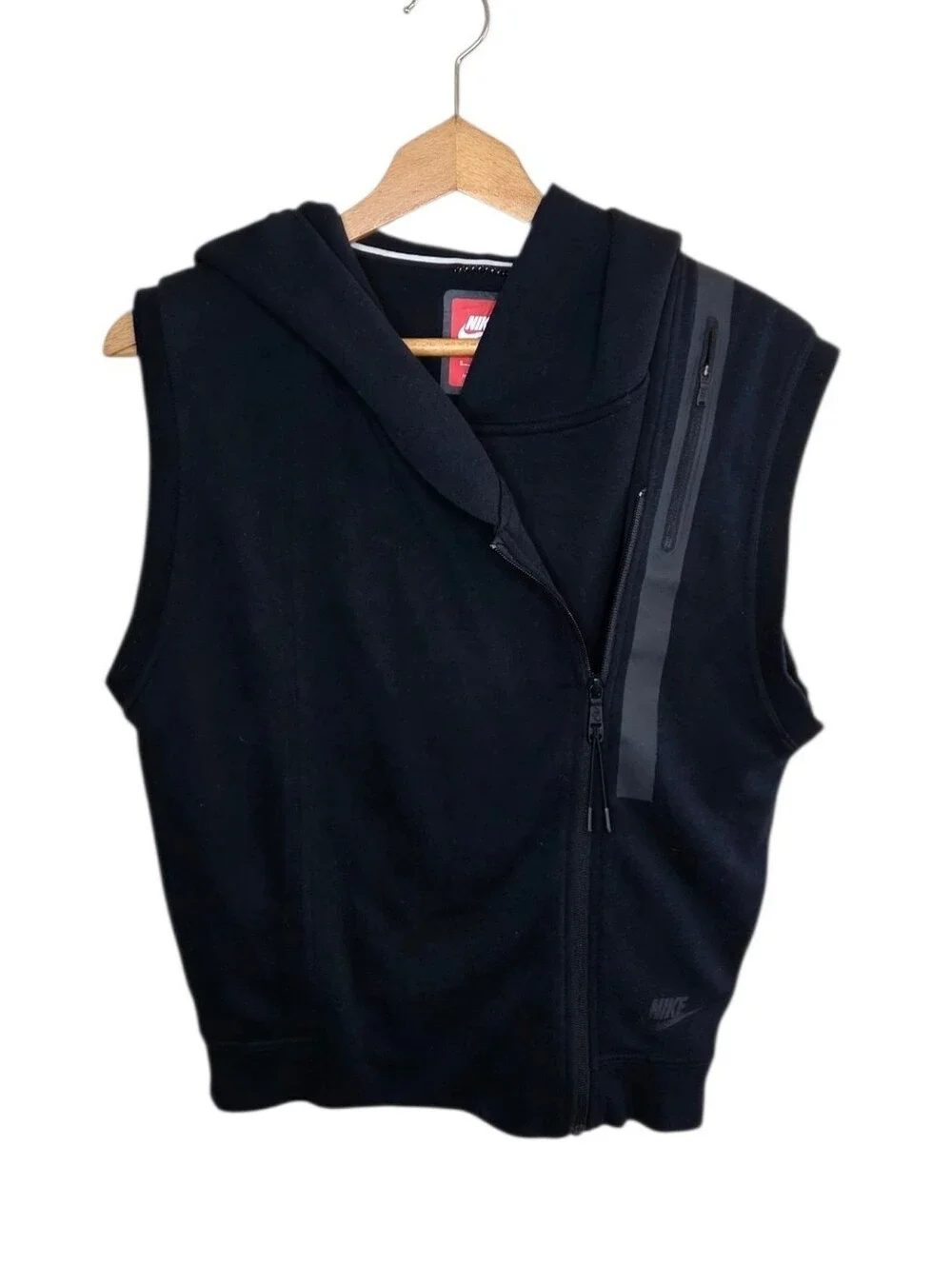 Nike Black Tech Fleece Asymmetrical Zip Hooded Vest Size Small Sporty Athletic